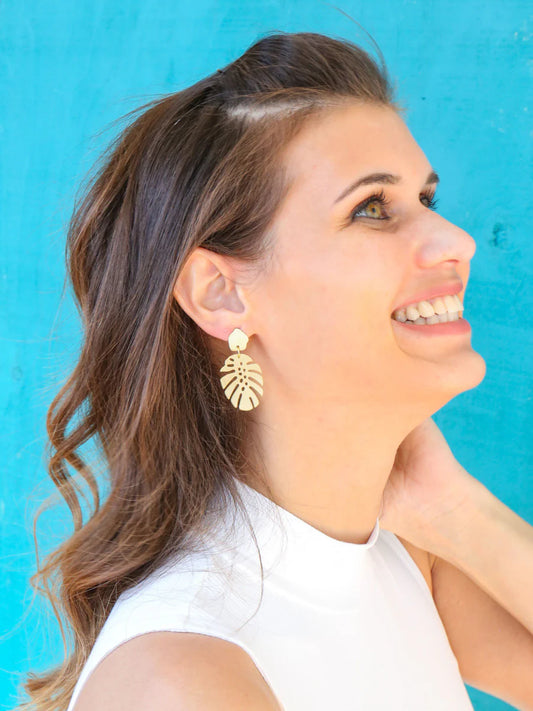 Monstera Earrings - Brushed Brass