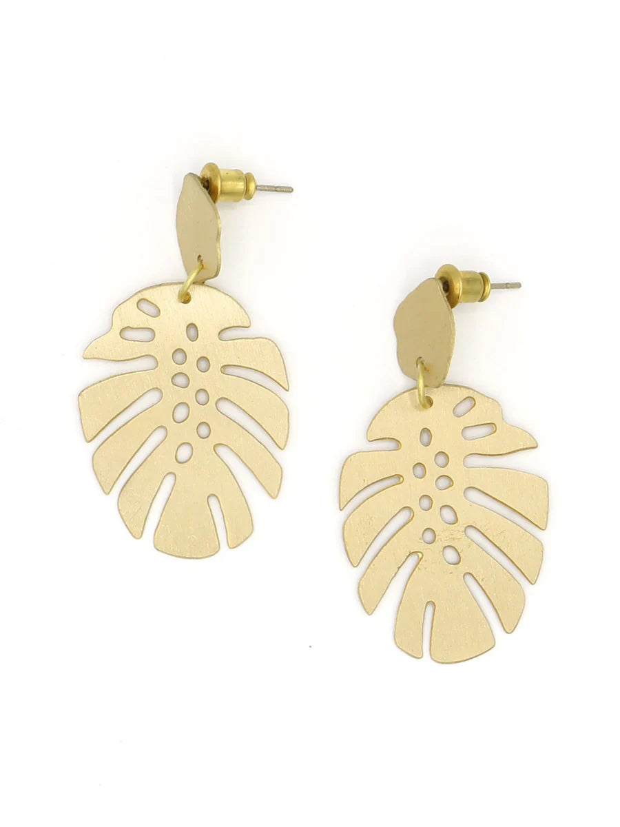Monstera Earrings - Brushed Brass