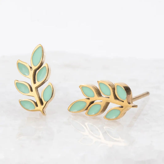Rowen Leaf Stud Earrings - Mint Green